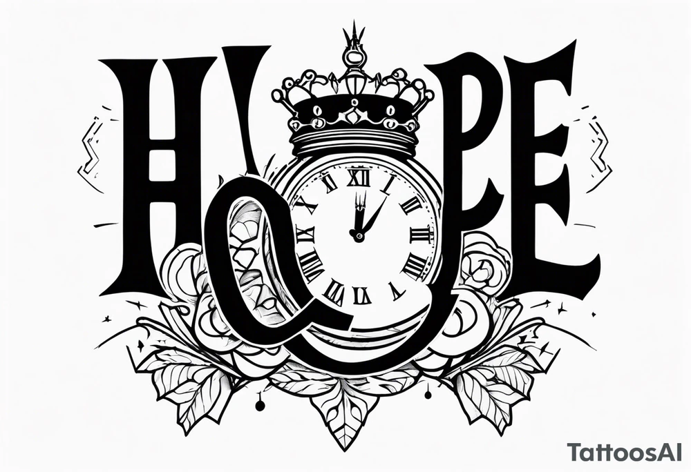 H.o.p.e lettering made with broken clock and king crown tattoo idea