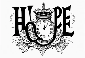 H.o.p.e lettering made with broken clock and king crown tattoo idea