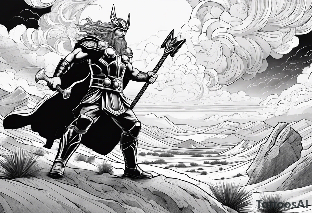 thor in a desert with warriors figthing Zeus in the clouds with lightnings tattoo idea