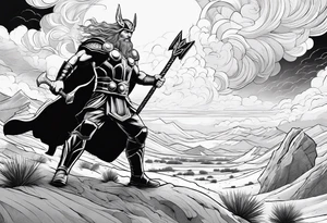 thor in a desert with warriors figthing Zeus in the clouds with lightnings tattoo idea
