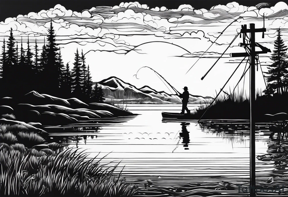 silhouette of landscape and fishingpole and line tattoo idea
