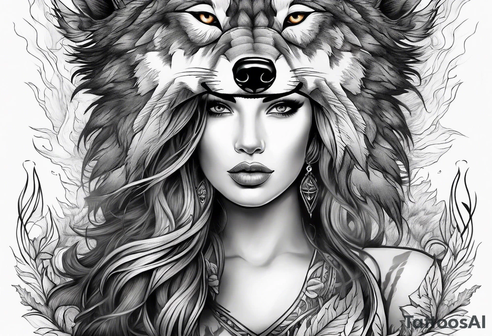 Beautiful woman wearing a wolf head dress, the wolf face should be snarling and look super aggressive. Background of forest with raging storm tattoo idea