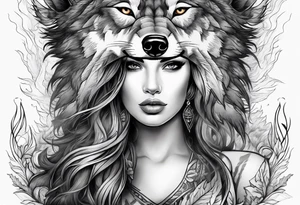 Beautiful woman wearing a wolf head dress, the wolf face should be snarling and look super aggressive. Background of forest with raging storm tattoo idea