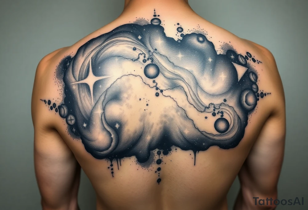 Beautiful and epic 3d milky way that appears to be what is beneath the skin. Make it drape over the shoulder and move to the middle back. use negative spaces to create stars and dust. Incorporate God breathing life into the universe. Keep it symmetrical tattoo idea