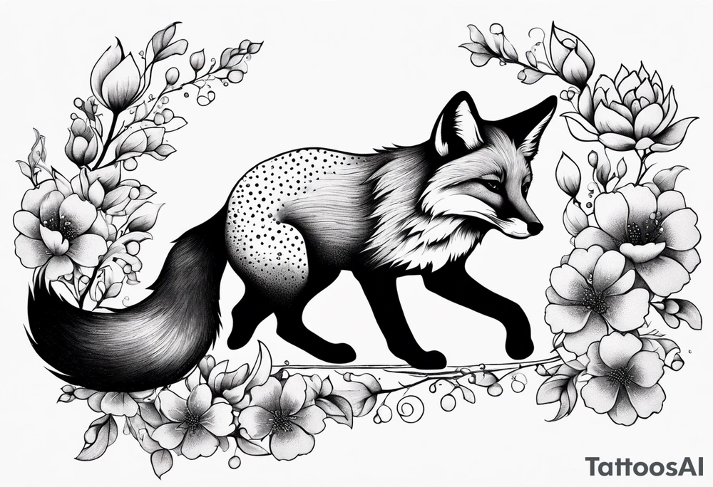 fox falling in the air suraounded by flowers growing out of her back tattoo idea