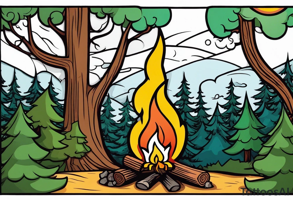 Small campfire in the center, right side: an evergreen tall tree, left side: skinny fast flow steam tattoo idea