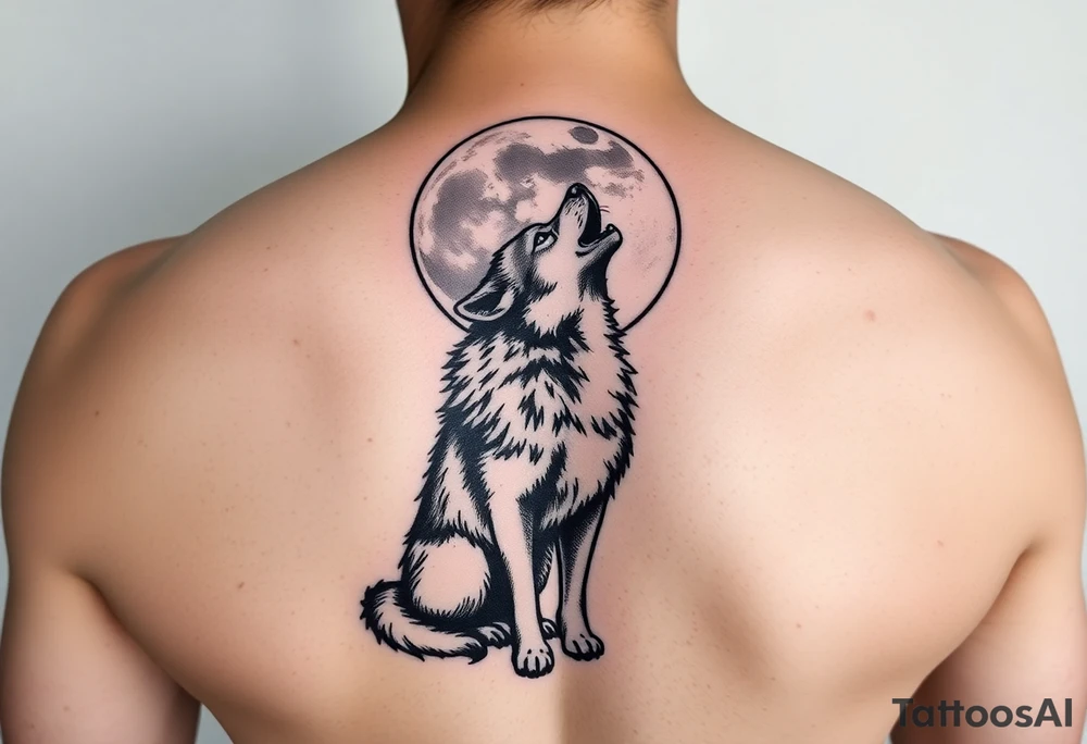 lone wolf howling at full moon with northern lights backdrop tattoo idea