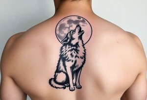 lone wolf howling at full moon with northern lights backdrop tattoo idea