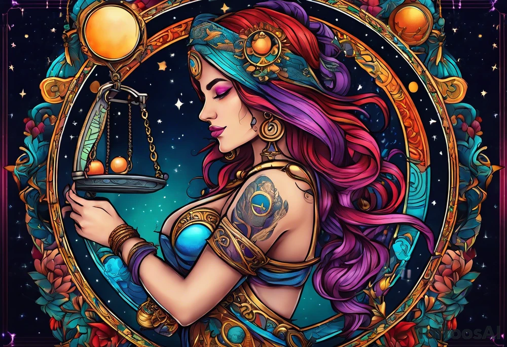 Libra woman holding scales with a night zodiac background including a half moon that encircles half of the woman with vibrant colors tattoo idea
