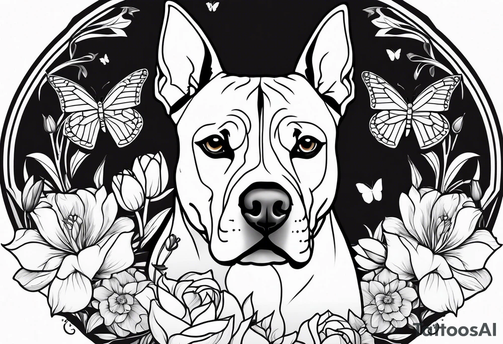 american staffordshire with floral backgrounds and tulips with a butterfly and an amstaff dog. tattoo idea