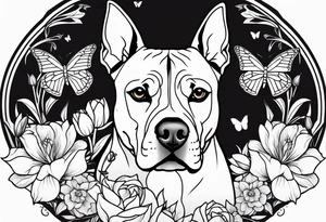 american staffordshire with floral backgrounds and tulips with a butterfly and an amstaff dog. tattoo idea