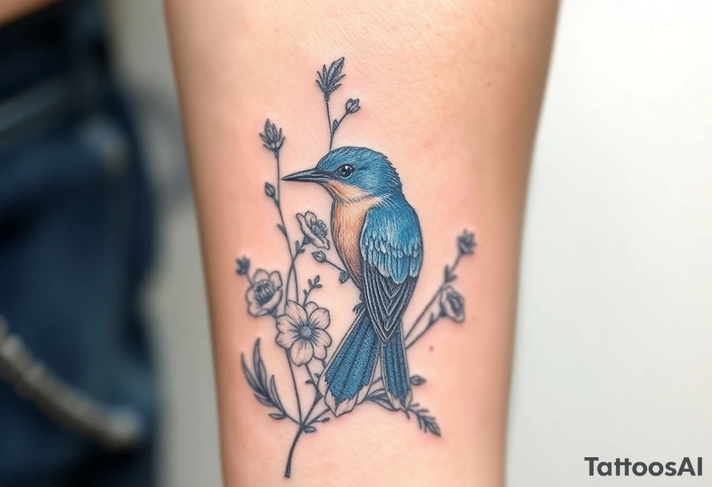 Bluebird with wild flowers tattoo idea