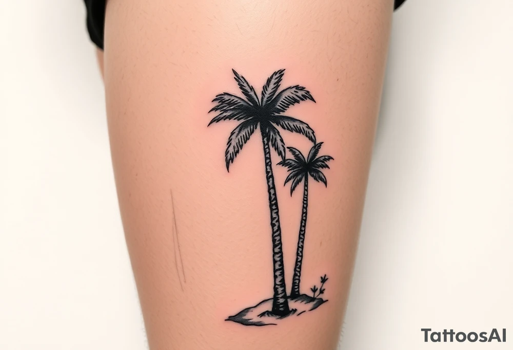 stamp tattoos, palm trees, beach vibe, leg tattoo idea