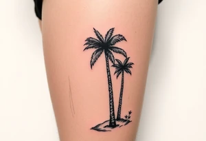 stamp tattoos, palm trees, beach vibe, leg tattoo idea