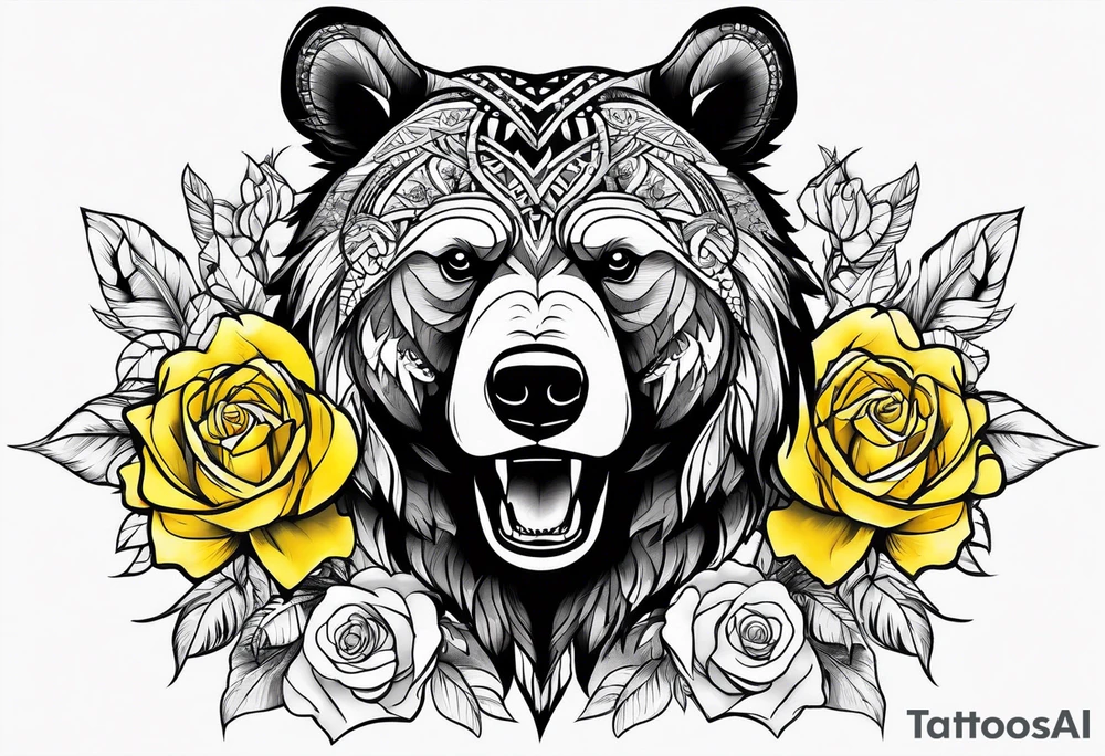 A tribal bear above the butterfly and yellow rose tattoo idea