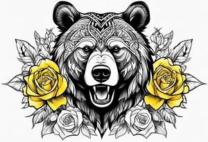 A tribal bear above the butterfly and yellow rose tattoo idea