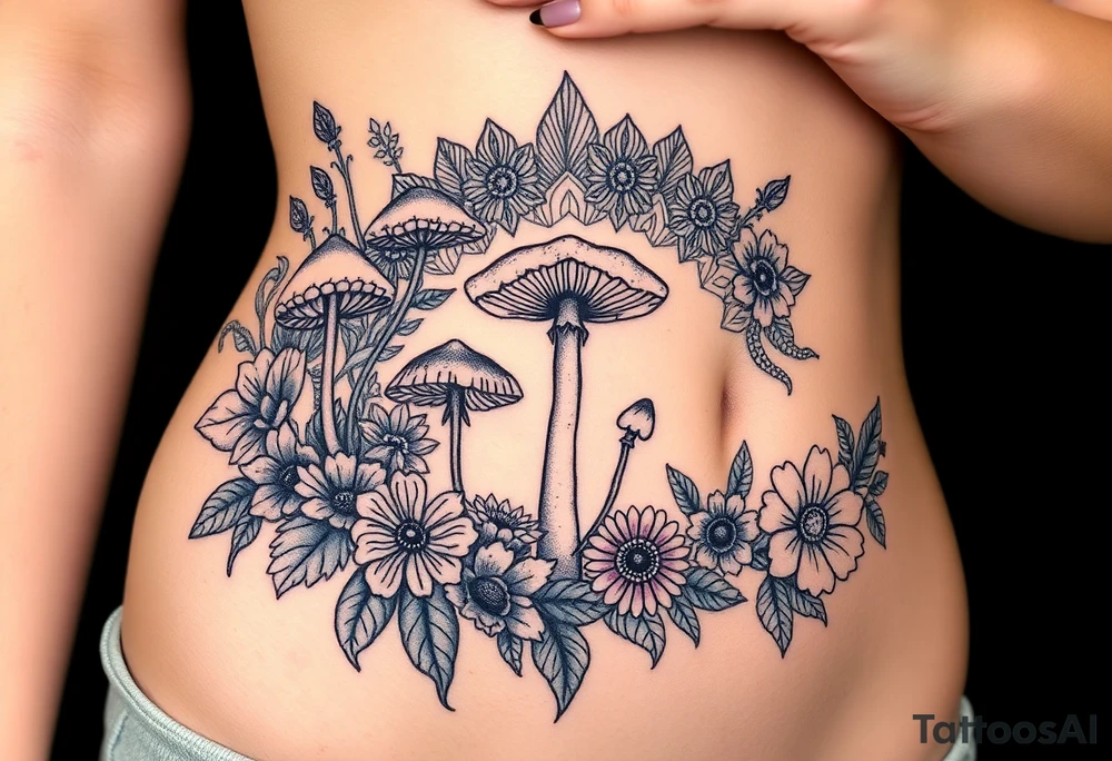 Could you possible make me a nature tattoo with mushrooms crystals  flowers mandala boho but vibrant colorful and psychedelic colorful too that would wrap from front of hip around side to mid back to cover an existing one tattoo idea
