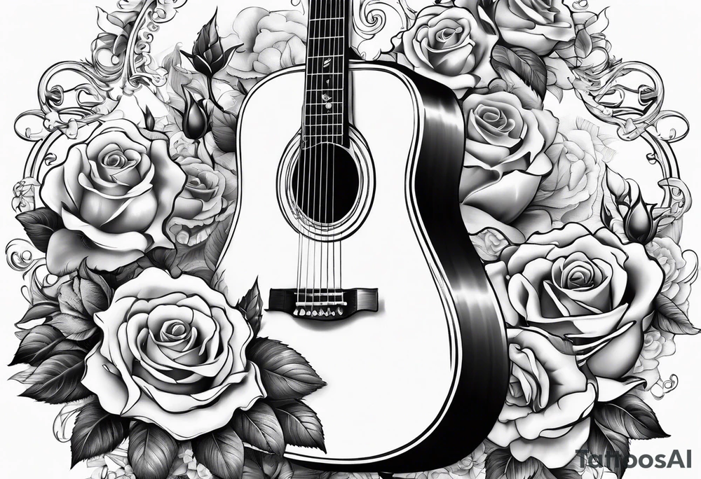 guitar piano and trumpet surrounded by clouds and roses tattoo idea