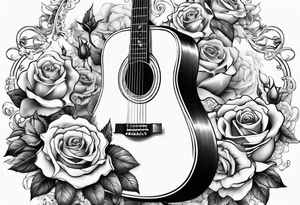 guitar piano and trumpet surrounded by clouds and roses tattoo idea