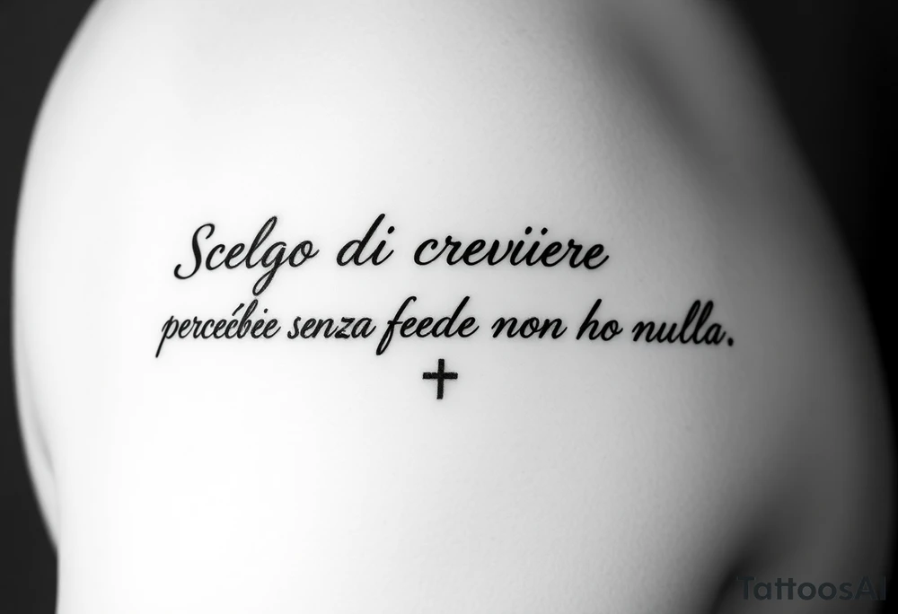 I want a tattoo with the quote “Scelgo di credere, perché senza fede non ho nulla.” Before the quote, I want a small cross. I’d like it to be written in a handwritten, elegant font on a single line, slightly curved to follow the shape of the placement. I want to place it on the lower part of my forearm, from the wrist toward the elbow. tattoo idea