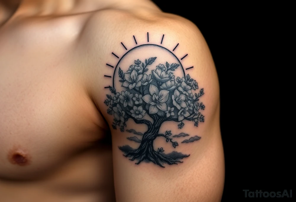 faded sun surrounding by clouds, big tree  blooming with flowers tattoo idea