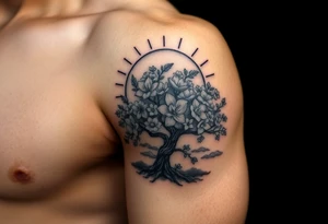 faded sun surrounding by clouds, big tree  blooming with flowers tattoo idea