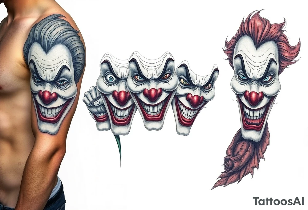 creative collage of each different emotion in different type of clown faces tattoo idea