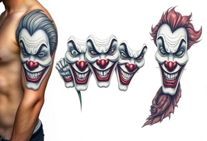 creative collage of each different emotion in different type of clown faces tattoo idea