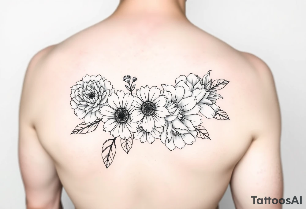 flower arrangment for arm, include two carnations, one violet, two daisies, one cosmos, and one peony tattoo idea