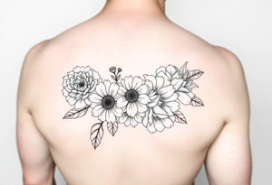 flower arrangment for arm, include two carnations, one violet, two daisies, one cosmos, and one peony tattoo idea