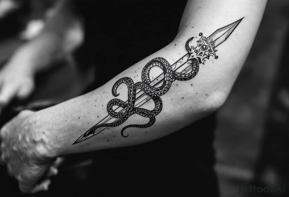 mystical snake coiled around an ancient dagger with jeweled hilt tattoo idea