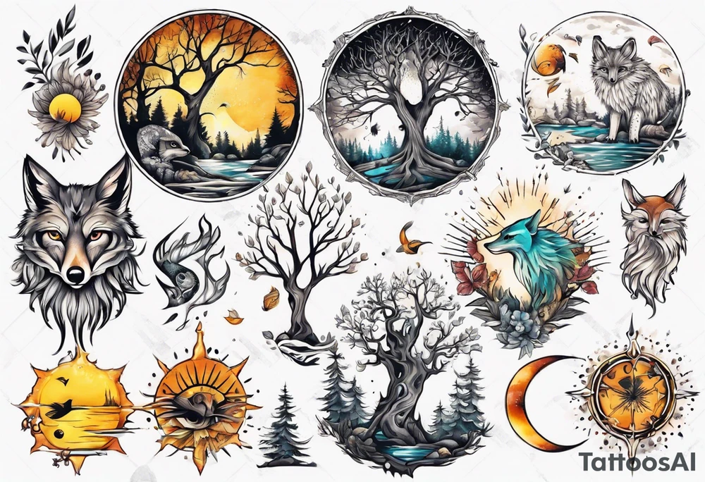 sonne, eule  wald, fuchs 
baum, sapere aude, Wasser, fisch tattoo idea