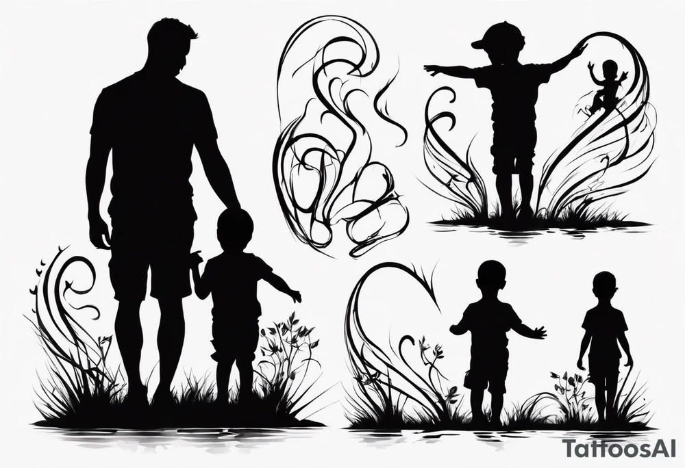 Silhouette of a father with two children, only outer lines tattoo idea