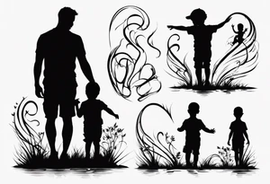 Silhouette of a father with two children, only outer lines tattoo idea