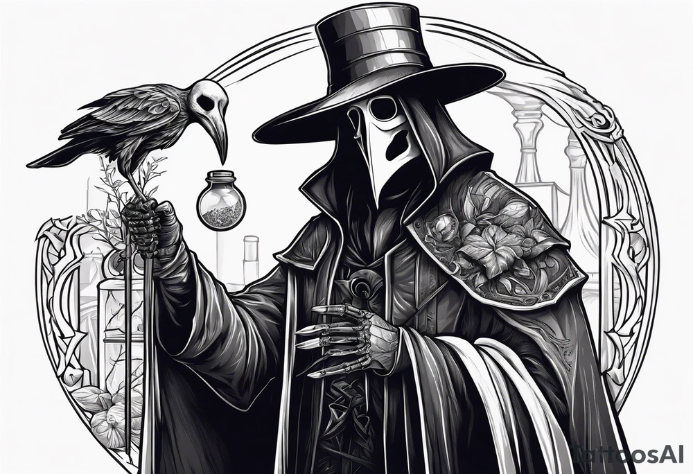 plague doctor with a skeleton hand holding medicine tattoo idea