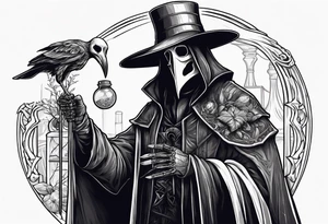 plague doctor with a skeleton hand holding medicine tattoo idea