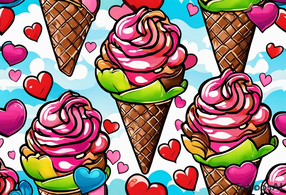 chocolate chip ice cream cone with one red heart tattoo idea
