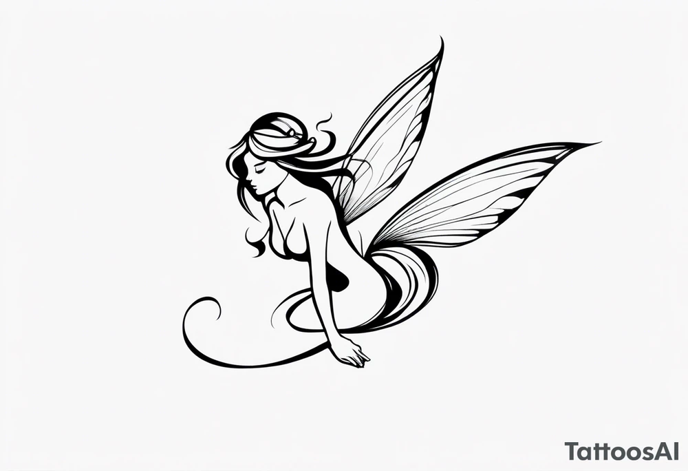 Minimalistic, monochromatic fairy with a tail flying to the left in a fetal position, leaning and looking in the same direction, with visible hands, embodying the 'Fairy Tail' logo aesthetic. tattoo idea