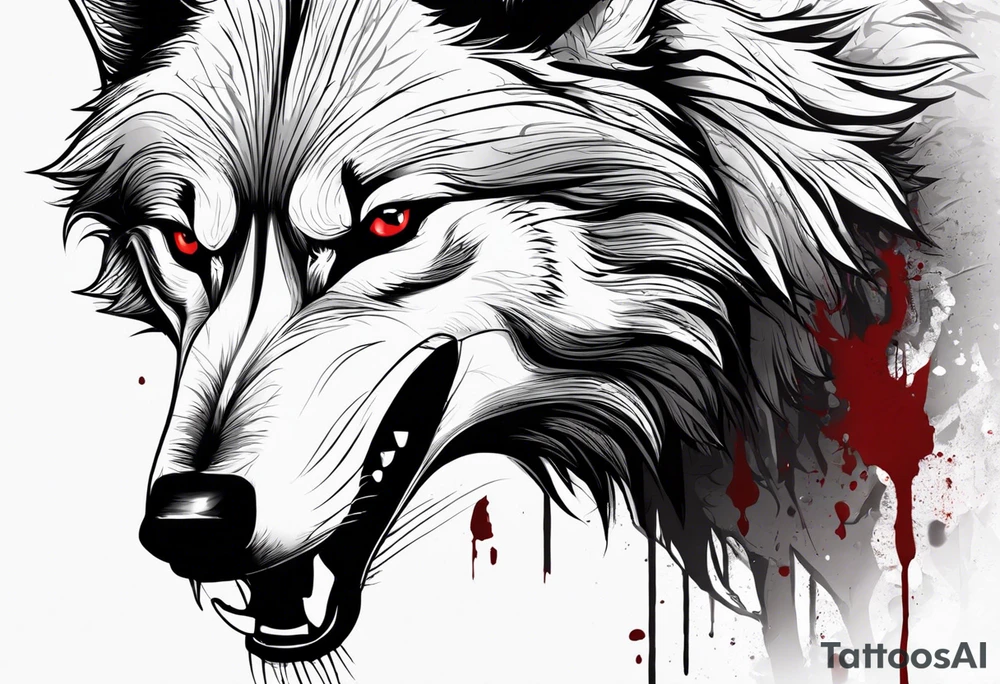 Create aggressive WOLF, with some blood coming out of his mouth and saliva. BLOOD IN THE BACKGROUND. Make it a drawing and use the image of reference. I am going to add. I want HIM TO BE ANGRY WITH RED EYES use VICIOUS WOLF THATS ANGRY tattoo idea