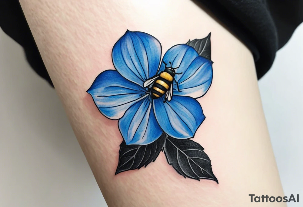 Small minimalist tattoo for forearm of a blue Hydrangea and a very small bee. tattoo idea