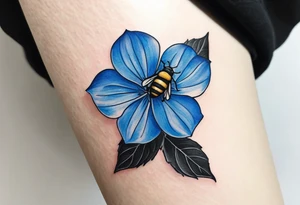 Small minimalist tattoo for forearm of a blue Hydrangea and a very small bee. tattoo idea