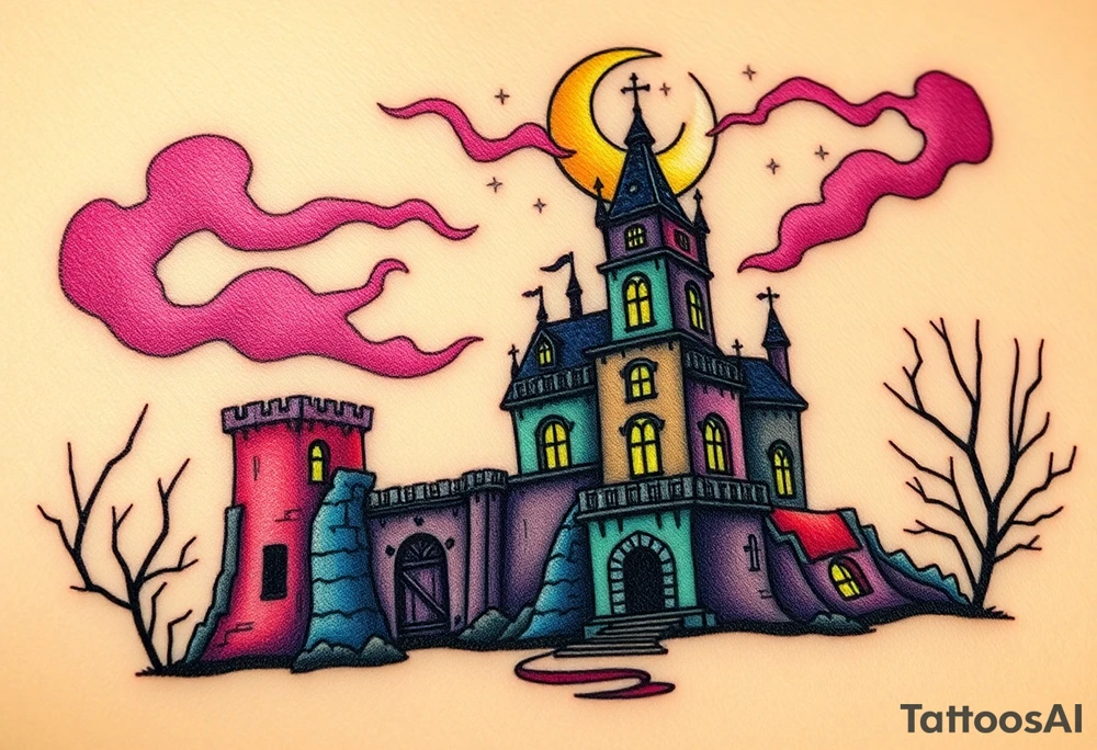 Tim Burton’s disney sleeping beauty’s haunted castle is abandoned and dripping with muted reds, dusty pinks, and eerie green glow.purple and cyan smokey clouds swirl in the crescent moonlit sky thats sprinkled with stars tattoo idea tattoo idea