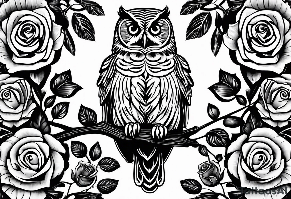 Barred owl with a single rose tattoo idea