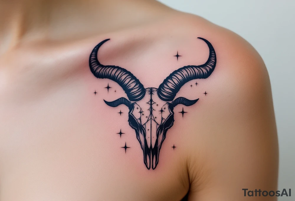 Bold black Capricorn stars constellation arch over a dark navy goat skull, blending astrology and mythology. tattoo idea