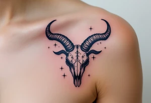Bold black Capricorn stars constellation arch over a dark navy goat skull, blending astrology and mythology. tattoo idea