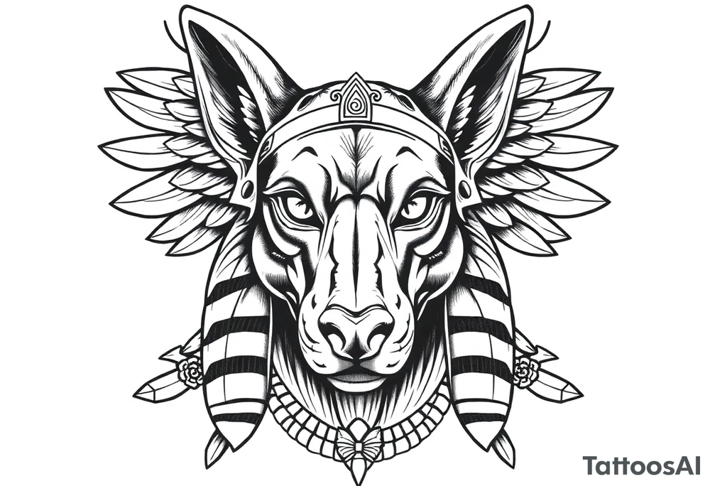 Egyptian Anubis god face muscle in Egypt style  with mantle on head with empty eyes 

dog face surrounded Egyptian symbols based on elements tattoo idea