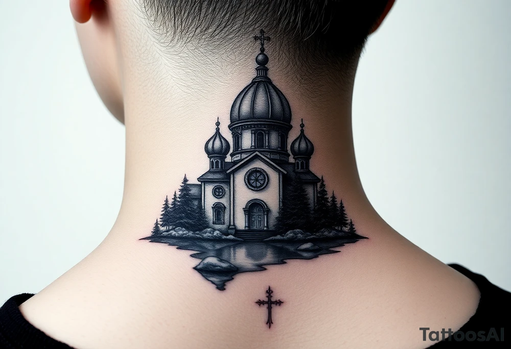 medium sized russian orthodox dome church with a separated virgin mary with a lake and pine trees tattoo idea