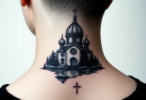 medium sized russian orthodox dome church with a separated virgin mary with a lake and pine trees tattoo idea