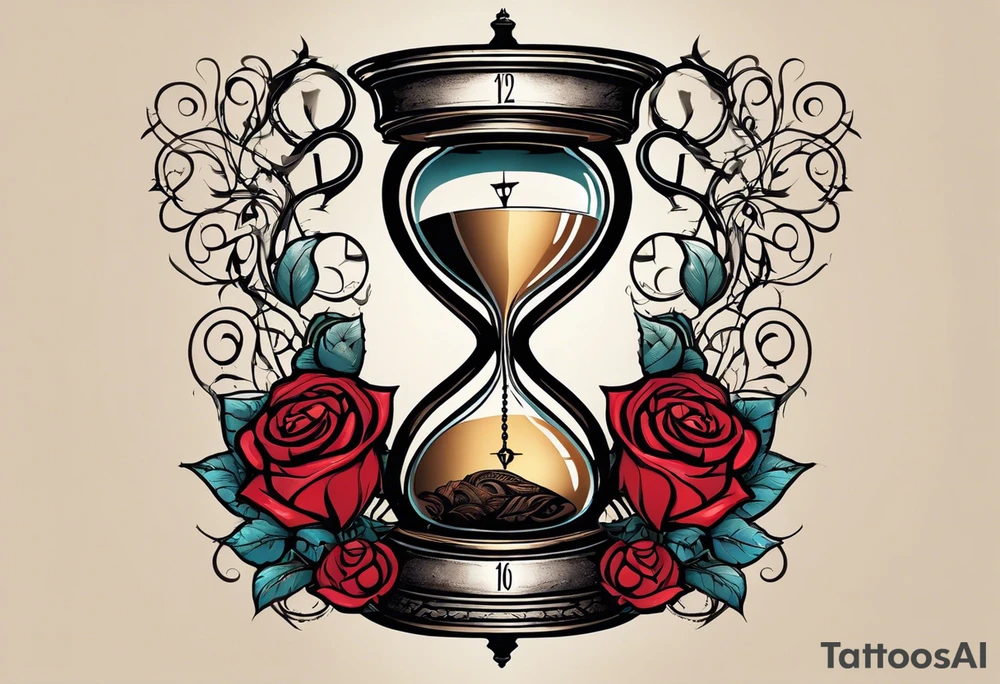 I want a tattoo-inspired design for a t-shirt that features a striking hourglass with a hand clock in the center, where the clock numbers are Amazigh numerals. The hourglass should have a bold, detailed look, with sharp lines and shading. Thorny roses should wrap tightly around the hourglass, with their vines and thorns creating a sense of depth and movement. Planets and stars should be incorporated in a way that they appear to orbit or emerge from behind the hourglass, giving the design a cosmic, timeless feel. The overall aesthetic should be bold and detailed, similar to blackwork tattoo designs, with a mix of natural and celestial elements."
black and whit design tattoo idea