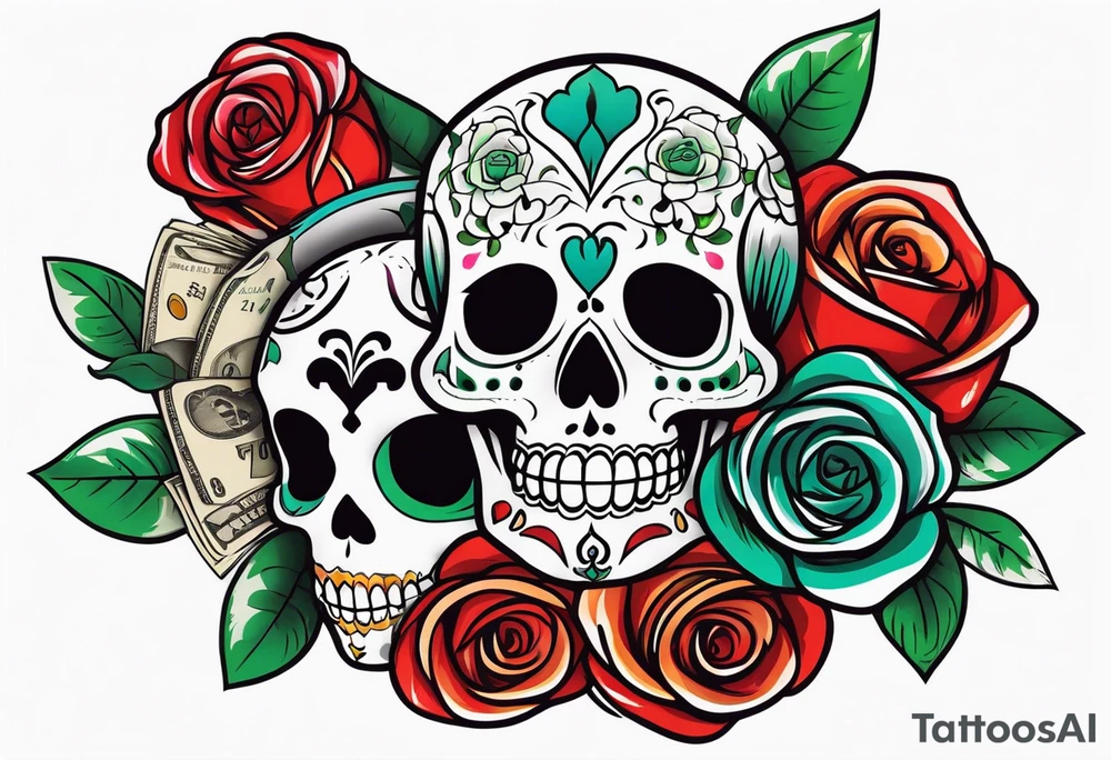 dia de los muertos airbrushed
 skulls with money roses with the name CORREA tattoo idea